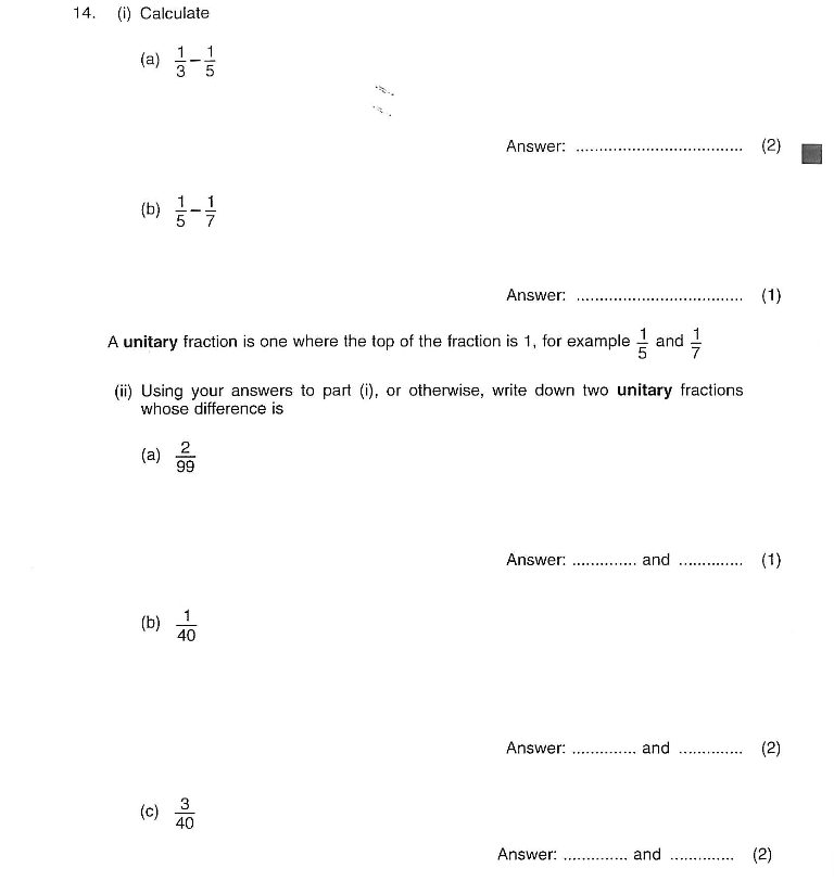 Solved 14. (i) Calculate (a) \\( \\frac{1}{3}-\\frac{1}{5} | Chegg.com