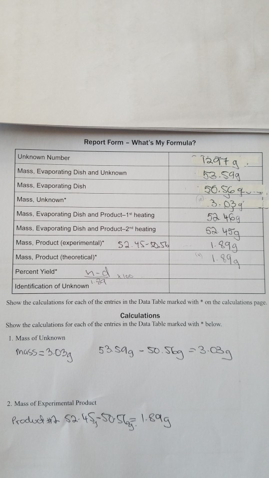 Solved Report Form - What's My Formula? Unknown Number Mass, | Chegg.com