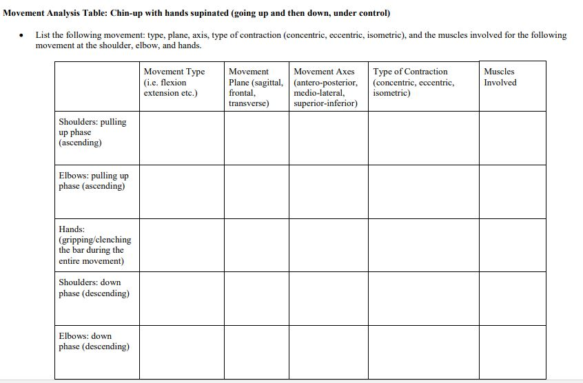 Solved Movement Analysis Table: Chin-up with hands supinated | Chegg.com