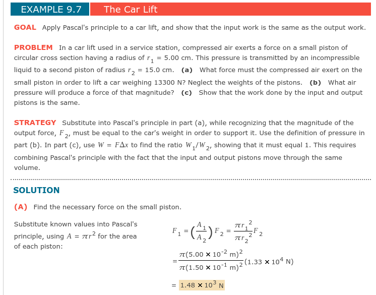 Solved EXAMPLE 9.7 The Car Lift GOAL Apply Pascal's | Chegg.com
