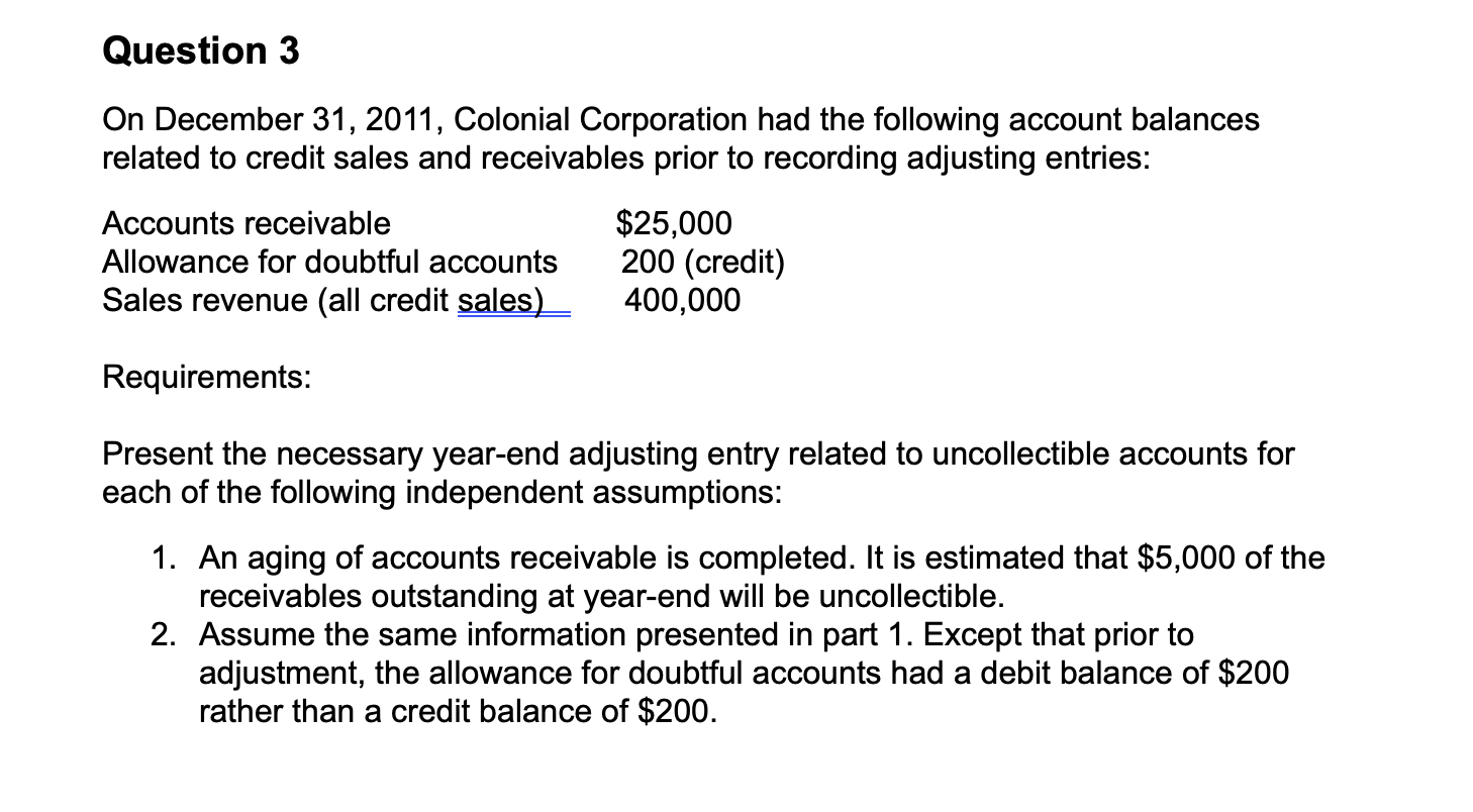 Solved Question 3On December 31, 2011, ﻿Colonial Corporation | Chegg.com