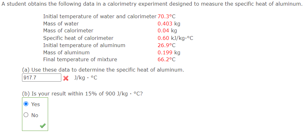 Solved A Student Obtains The Following Data In A Calorimetry Chegg