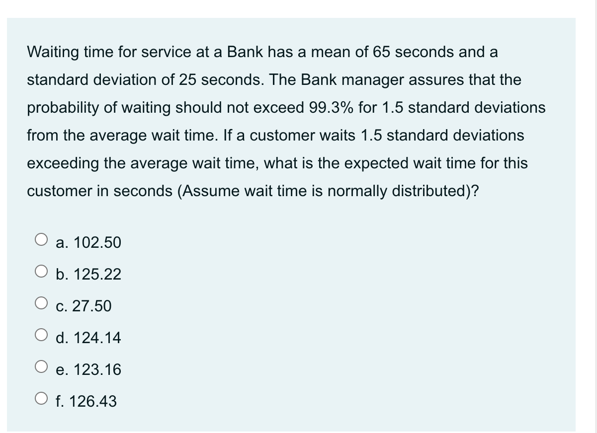 Solved Waiting time for service at a Bank has a mean of 65