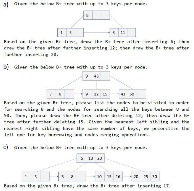 Solved a) Given the below B+ tree with up to 3 keys per | Chegg.com