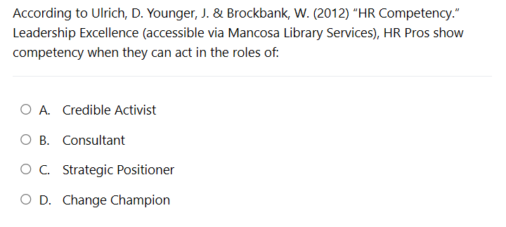 Solved According to Ulrich, D. ﻿Younger, J. \& Brockbank, | Chegg.com