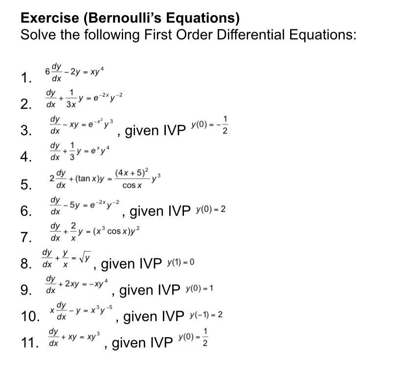 Solved Exercise (Bernoulli's Equations) Solve the following | Chegg.com