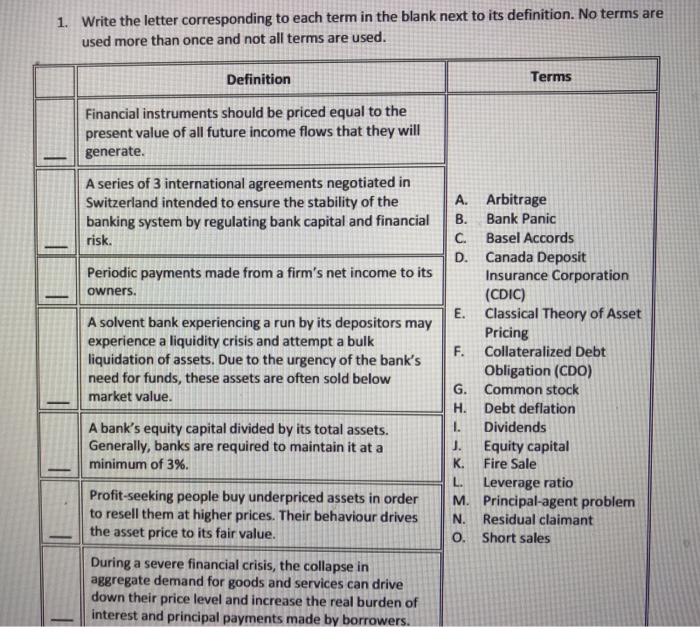 Solved Write the letter corresponding to each term in the