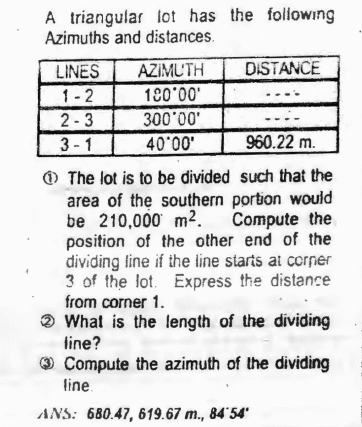 Solved A triangular lot has the following Azimuths and | Chegg.com