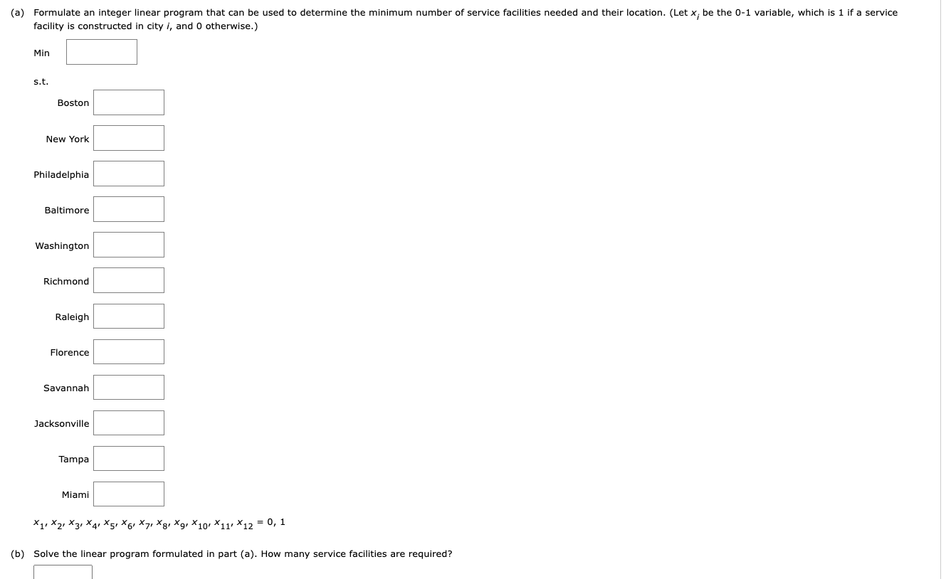 (a) Formulate an integer linear program that can be used to determine the minimum number of service facilities needed and the