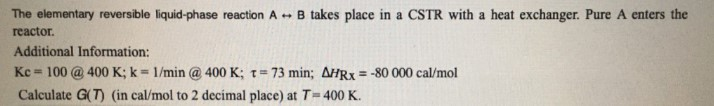 Solved The elementary reversible liquid-phase reaction A - B | Chegg.com