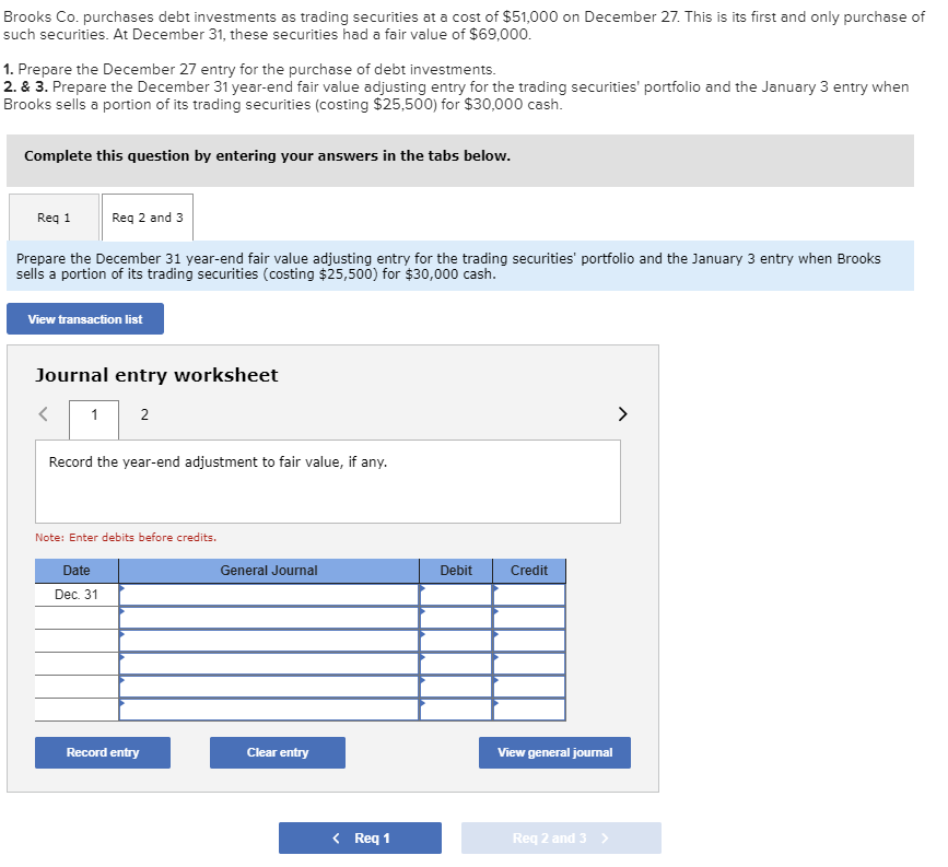 Solved Brooks Co Purchases Debt Investments As Trading Chegg