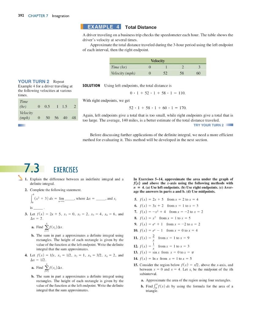 Solved 392 CHAPTER 7 Integration EXAMPLE 4 Total Distance A | Chegg.com