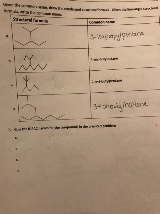 Solved Given the common name, draw the condensed structural | Chegg.com