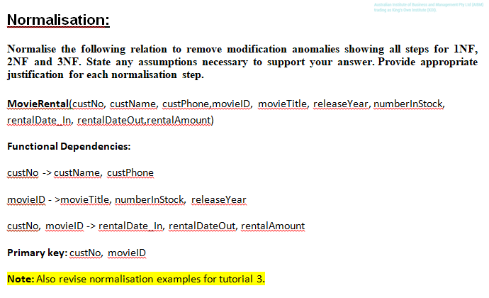 Solved Normalisation: Normalise the following relation to | Chegg.com