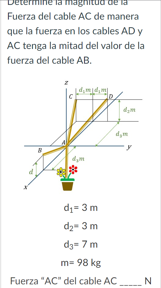 Fuerza del cable AC de manera que la fuerza en los cables \( A D \) y \( A C \) tenga la mitad del valor de la fuerza del cab