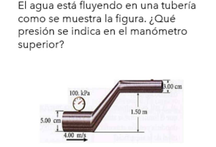 El agua está fluyendo en una tubería como se muestra la figura. ¿Qué presión se indica en el manómetro superior?