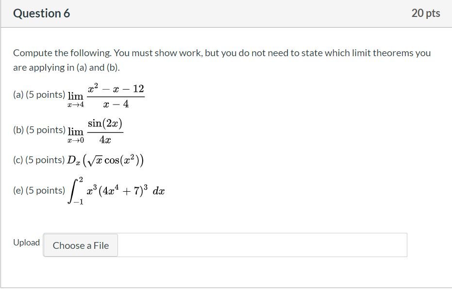 Solved Question 6 20 pts Compute the following. You must | Chegg.com