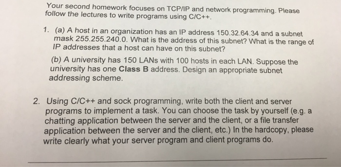 Solved Your second homework focuses on TCP/IP and network | Chegg.com