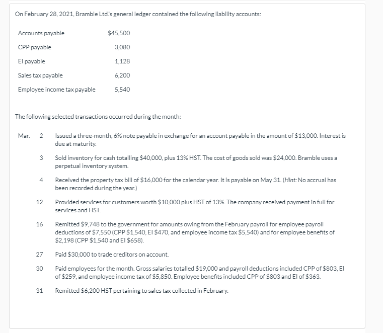 Solved On February 28, 2021, Bramble Ltd's general ledger | Chegg.com