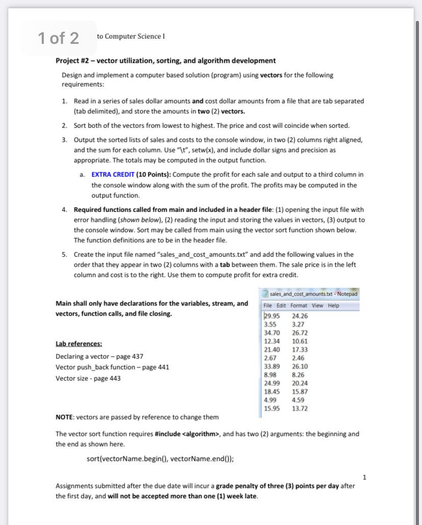 Solved 1 of 2 to Computer Science ! Project #2 - vector | Chegg.com