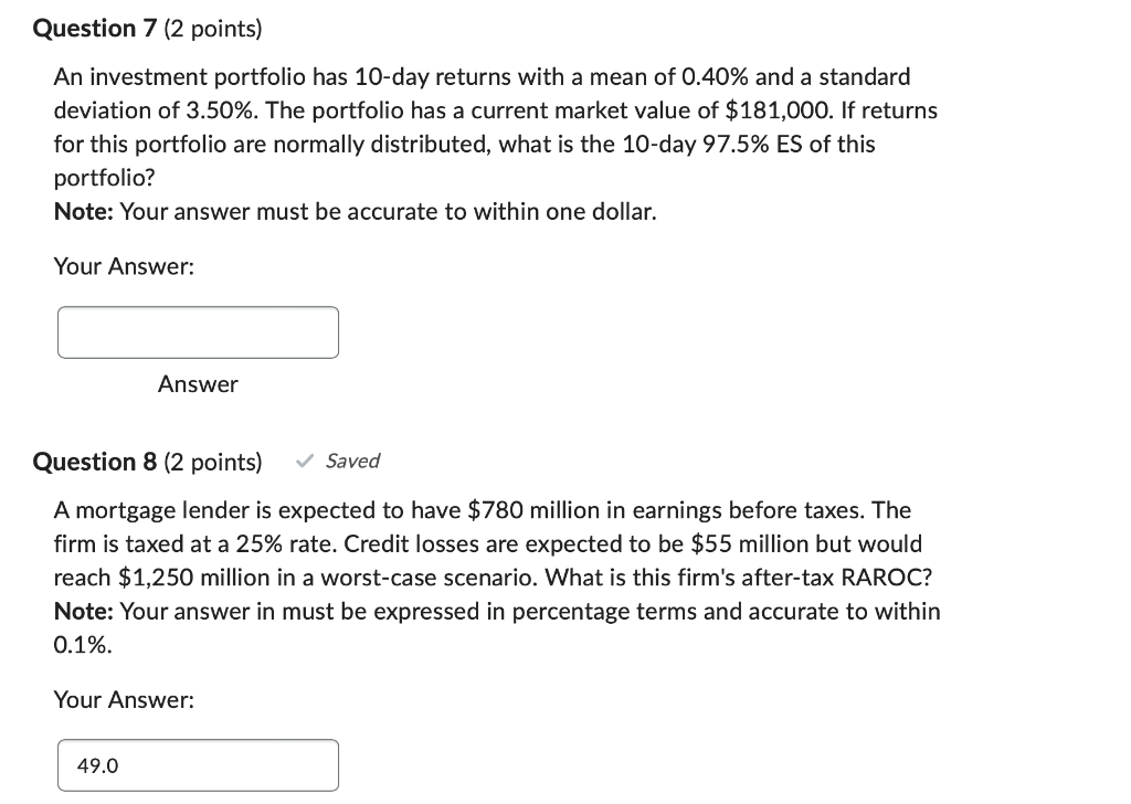 Solved Question 5 (2 points) An investment portfolio has a | Chegg.com