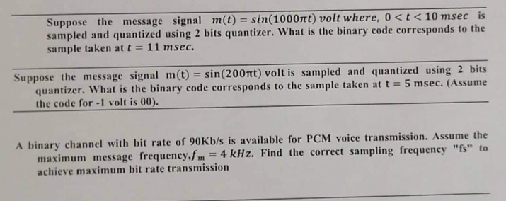 Solved Suppose the message signal m(t)=sin(1000πt) volt | Chegg.com