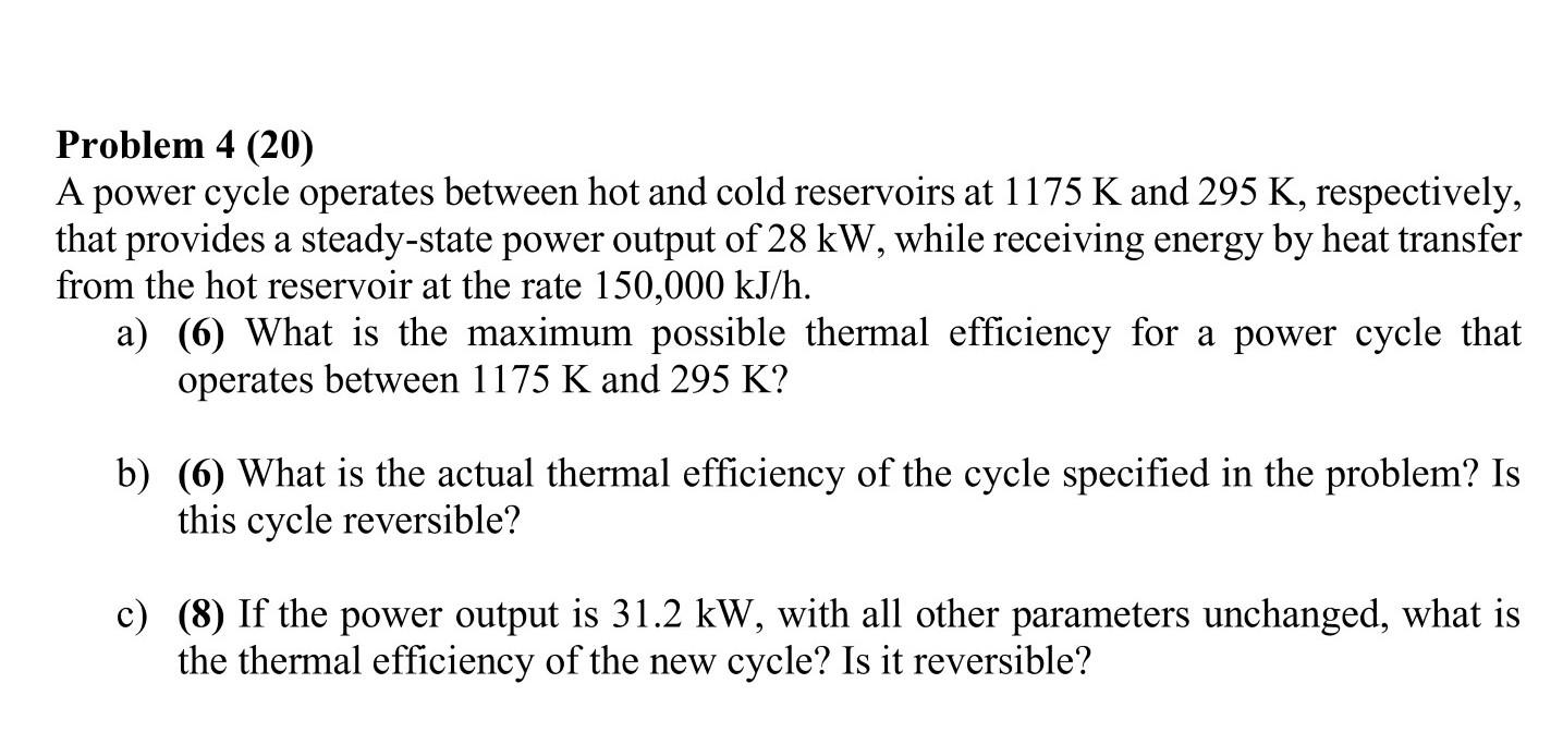 Solved Problem 4 (20) A power cycle operates between hot and | Chegg.com