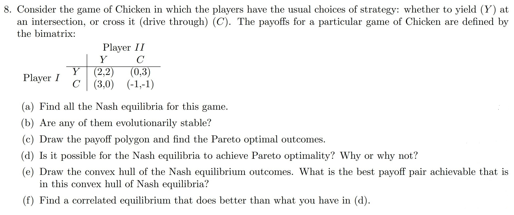 8. Consider the game of Chicken in which the players | Chegg.com