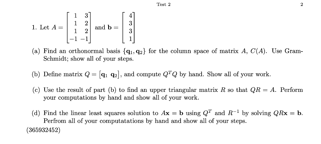 Solved Test 2 2 1. Let A=⎣⎡111−1322−1⎦⎤ and b=⎣⎡4331⎦⎤ (a) | Chegg.com