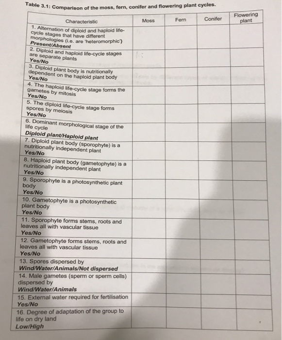 Solved Comparison of the moss, fern, conifer and flowering | Chegg.com