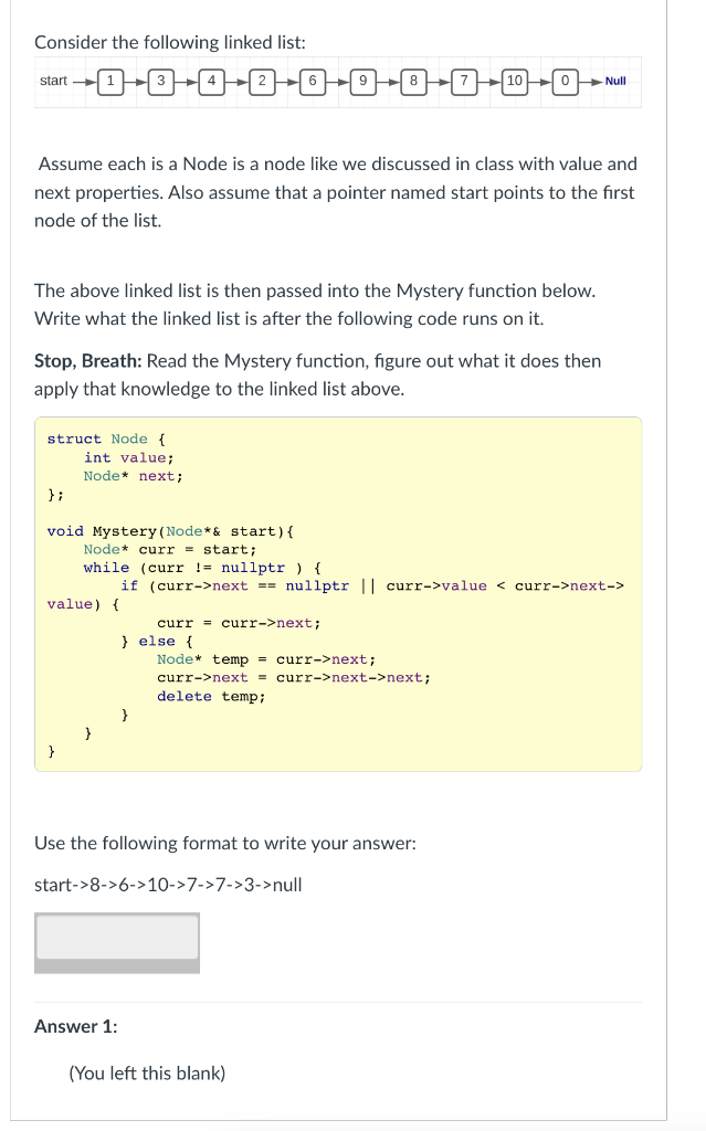 Solved Consider The Following Linked List: Assume Each Is A | Chegg.com