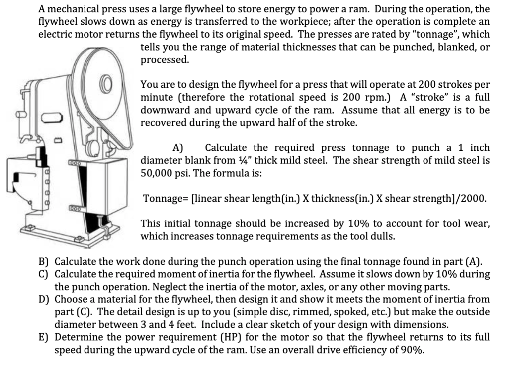 A mechanical press uses a large flywheel to store