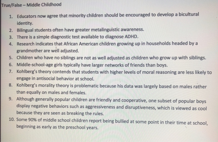 Solved Early and Middle Childhood WS True False Early Chegg