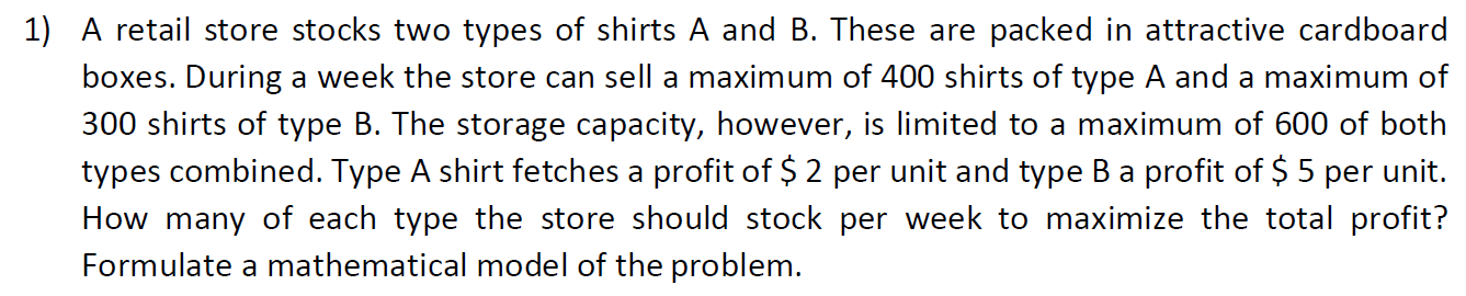 Solved A Retail Store Stocks Two Types Of Shirts A And B. | Chegg.com