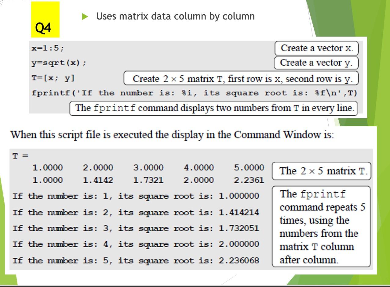 Solved Uses matrix data column by column 04 x=1:5; Create a | Chegg.com