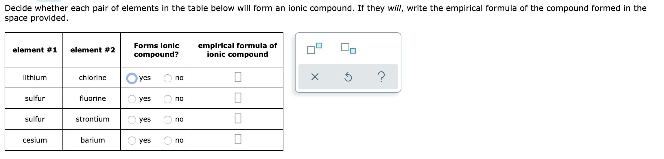 Solved Decide whether each pair of elements in the table | Chegg.com
