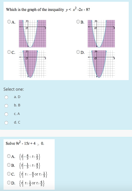 Solved Which Is The Graph Of The Inequality Y X2 2x 8 Chegg Com