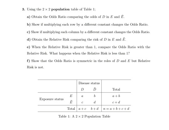 Solved 3 Using The 2 X 2 Population Table Of Table 1 A Chegg Com