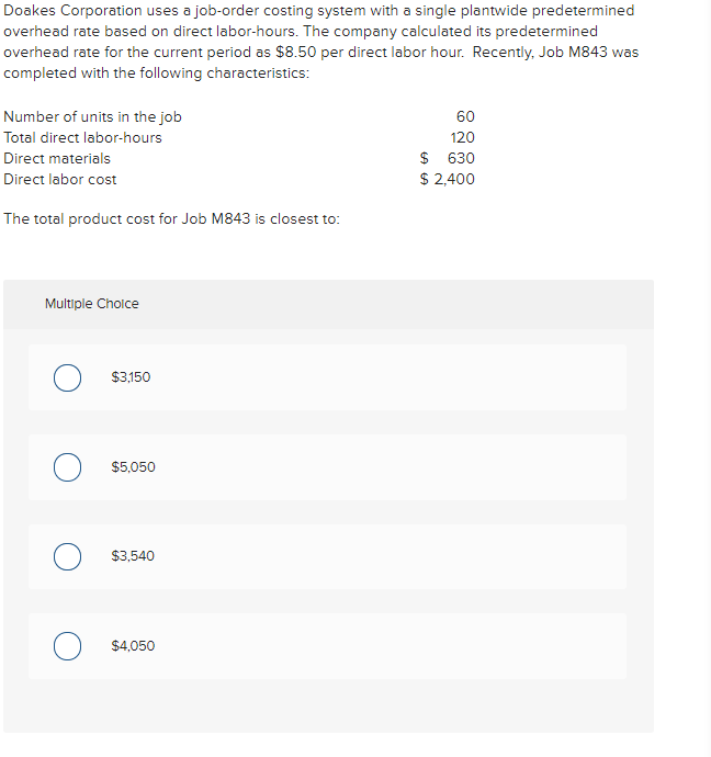 Solved Doakes Corporation uses a job-order costing system | Chegg.com