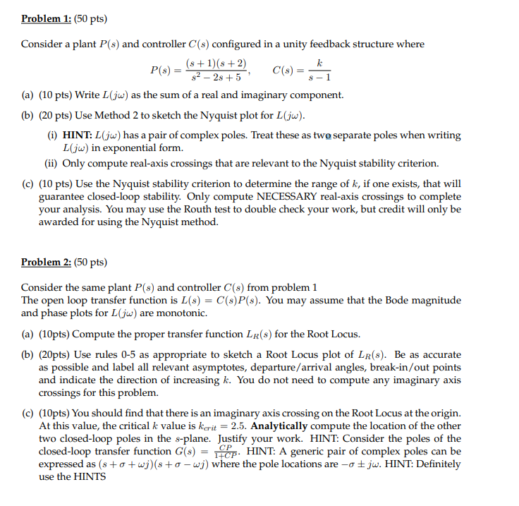 Solved Problem 1: (50 pts) Consider a plant P(s) and | Chegg.com