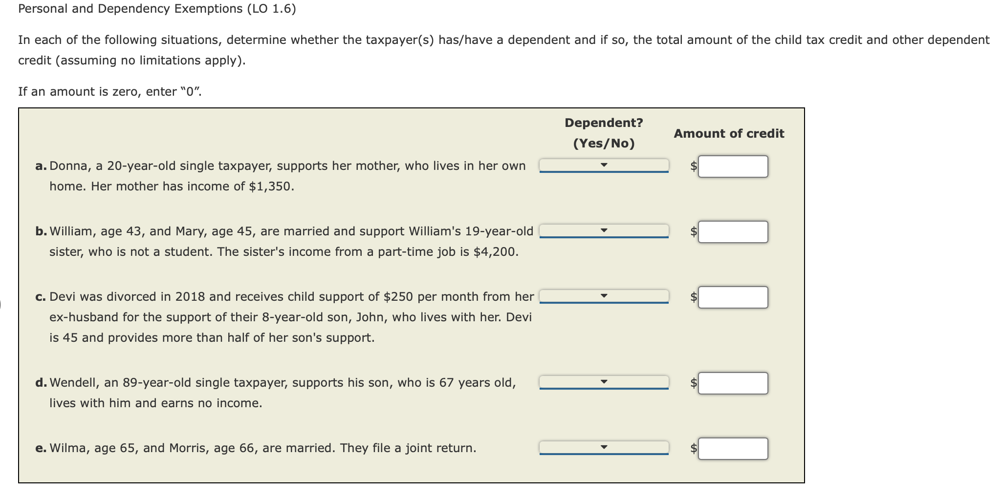 Solved Personal and Dependency Exemptions (LO 1.6) In each | Chegg.com