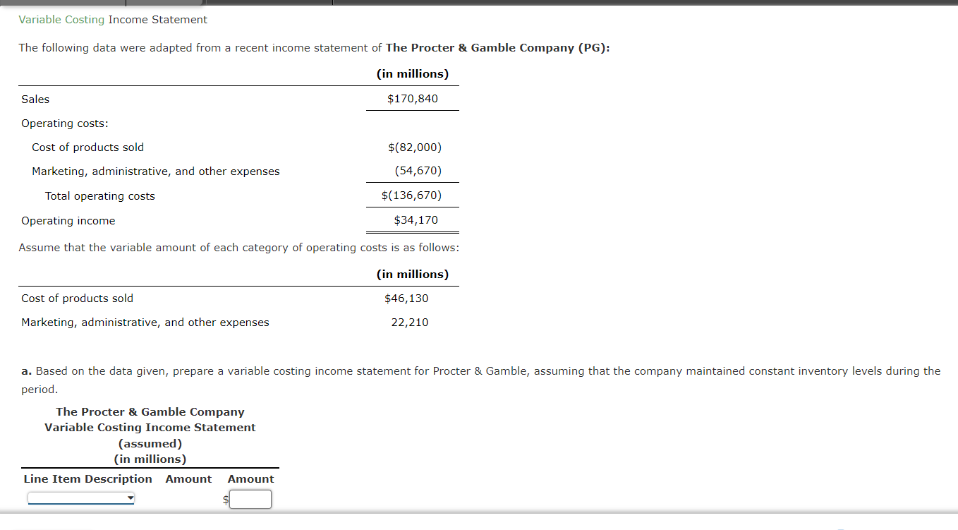 Solved Variable Costing Income Statement The following data | Chegg.com