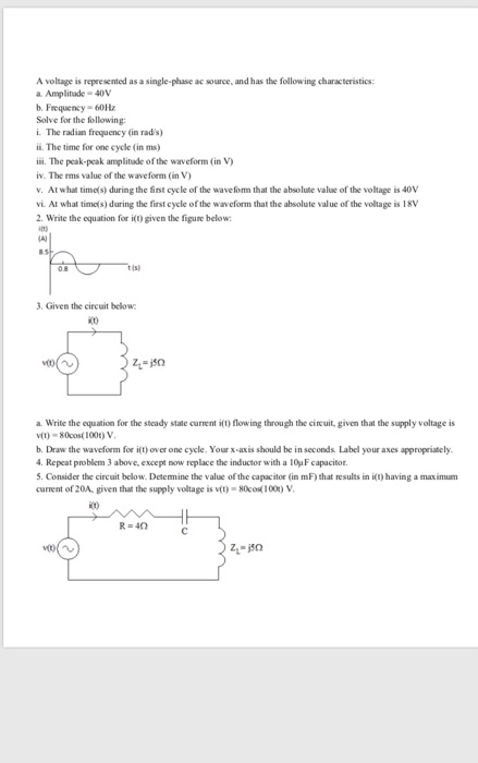 Solved A voltage is represented as a single-phase ac source, | Chegg.com