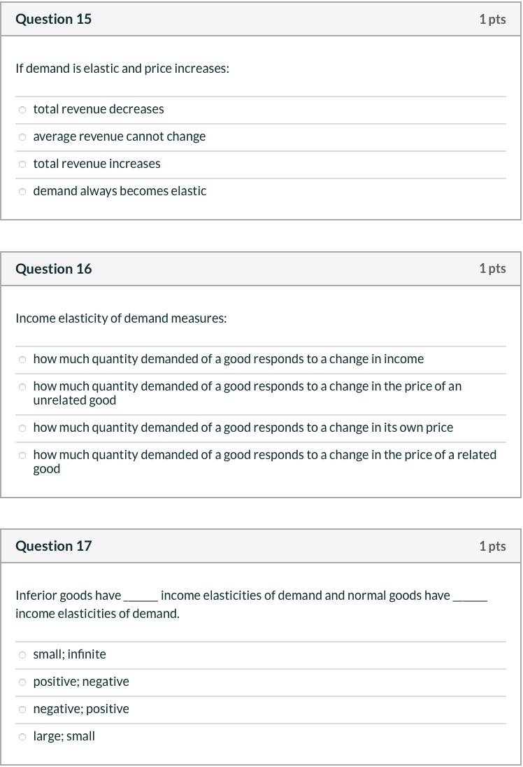 Solved Question 15 1 pts If demand is elastic and price | Chegg.com