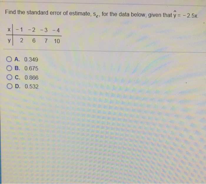 Solved Find the standard error of estimate, S_e, for the | Chegg.com