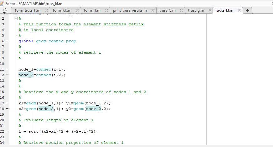 Solved Editor - F:\MATLAB\bin\truss_kl.m +3 form_truss_F.m X | Chegg.com