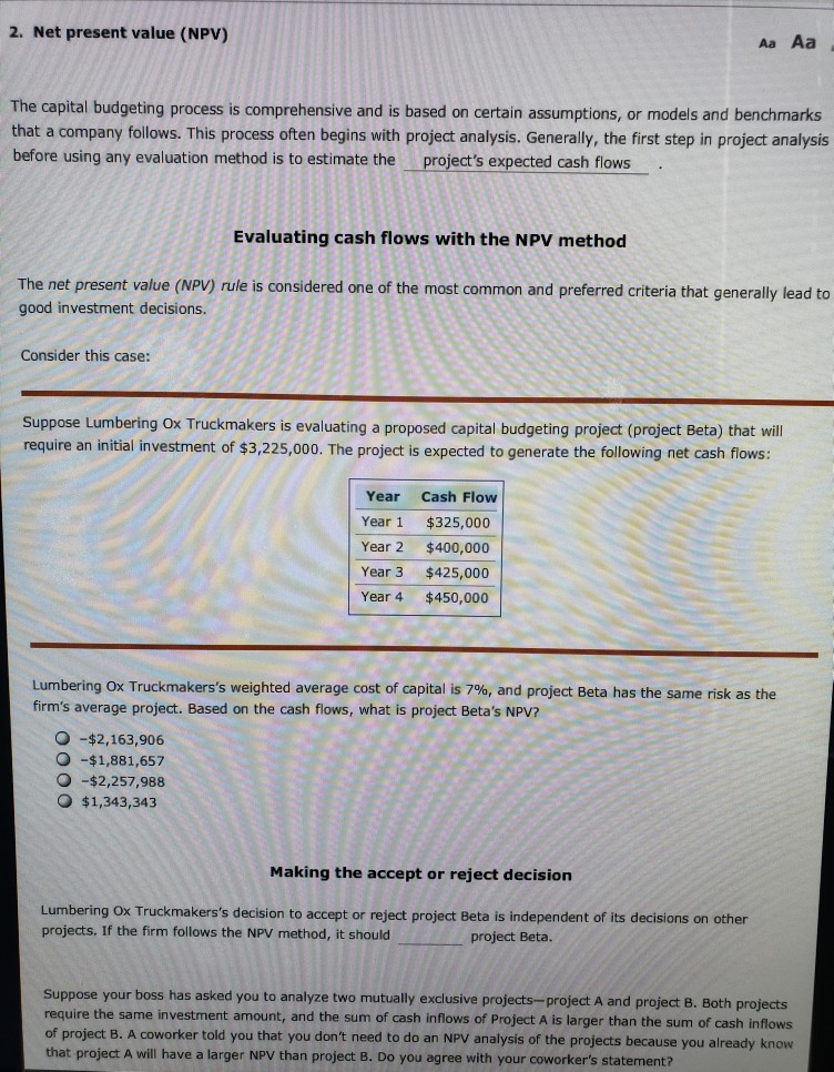 Solved 2. Net present value (NPV) Aa Aa The capital | Chegg.com