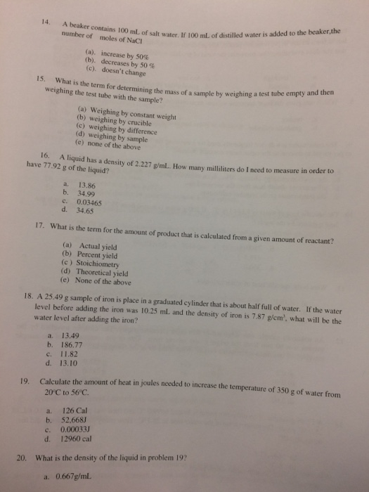 Solved 14. A beaker contains 100 ml. of salt water. If 100 | Chegg.com