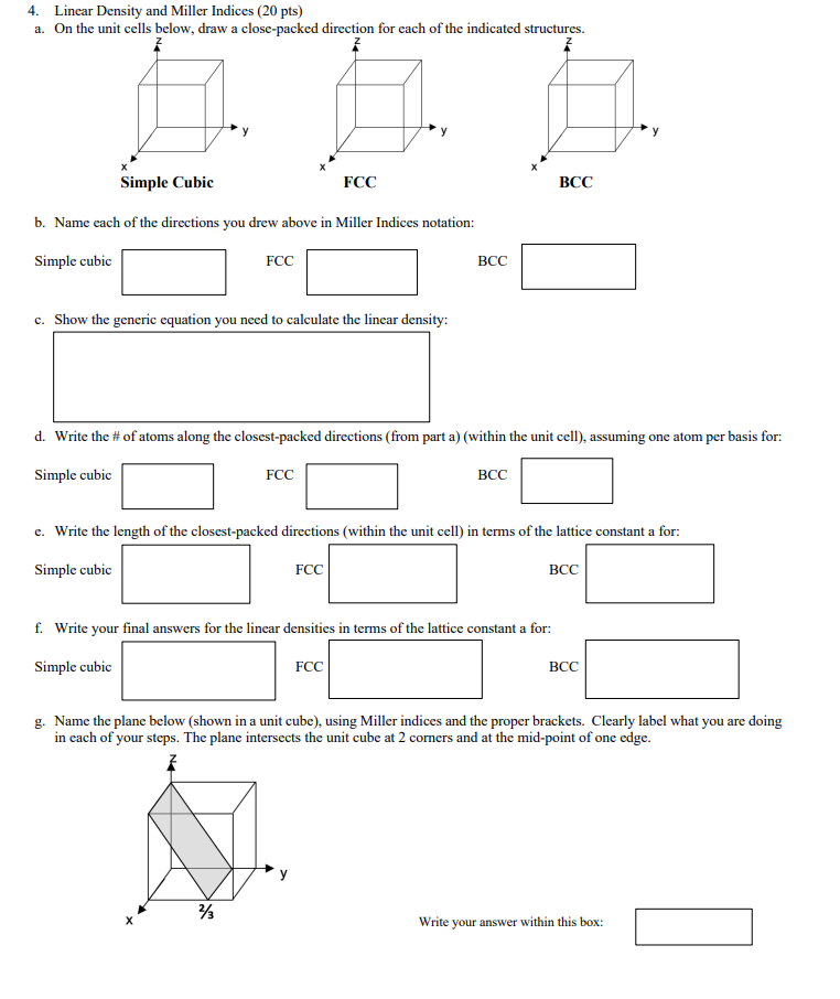 Solved 4. Linear Density and Miller Indices (20 pts) a. On | Chegg.com