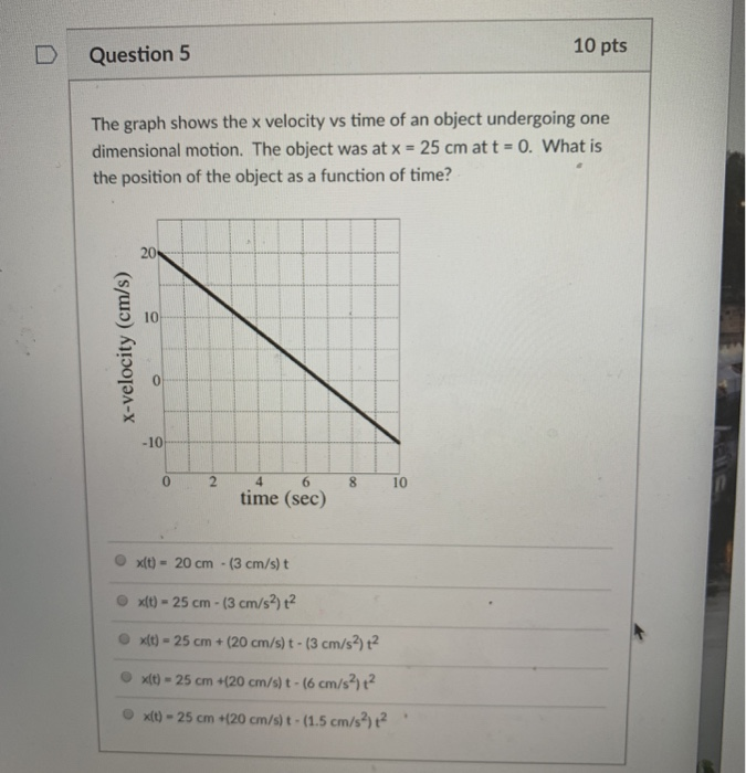 Solved D Question 5 10 pts The graph shows the x velocity vs | Chegg.com